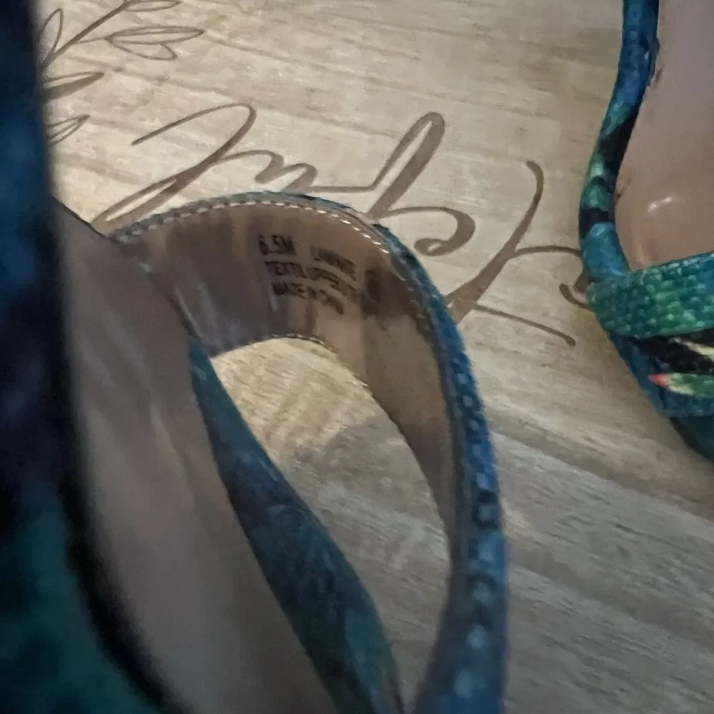 Aerosoles Laminate Blue Green Tropical Open Toe High Heel Pump Sandal Size 6.5M